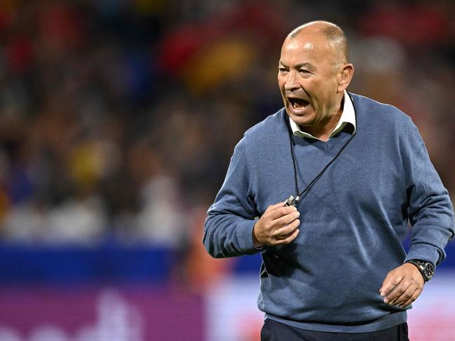 (FILES) Australia's head coach Eddie Jones is seen ahead of the France 2023 Rugby World Cup Pool C match between Wales and Australia at the OL Stadium in Decines-Charpieu near Lyon, south-eastern France on September 24, 2023. Rugby Australia said on October 31, 2023 it had accepted Eddie Jones' resignation as head coach of the Wallabies after just 10 months in the job, following their dismal showing at the World Cup. (Photo by SEBASTIEN BOZON / AFP)