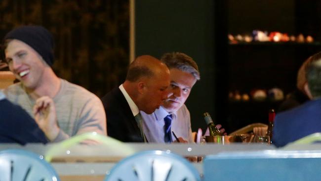 Peter Dutton and Mathias Cormann have dinner at Portia's Place restaurant in Kingston the night before the ballot. Picture: Jonathan Ng