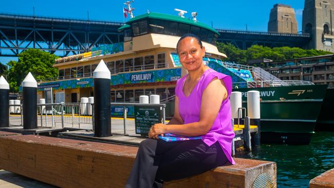 Artist Rhonda Sampson with the Pemulwuy ferry. Picture: Courtesy of Australia Day Council of NSW.