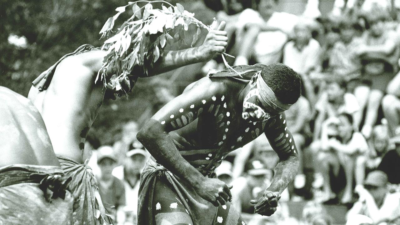 Wakka Wakka dancer Nigel Williams performs at Bundaberg high school as part of indigenous celebrations at the school, December 1994. Photo: NewsMail