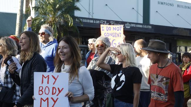 Hundreds gathered in Mullumbimby last month for a pro-choice protest, in which people opposed 5G technology and mandatory vaccination.