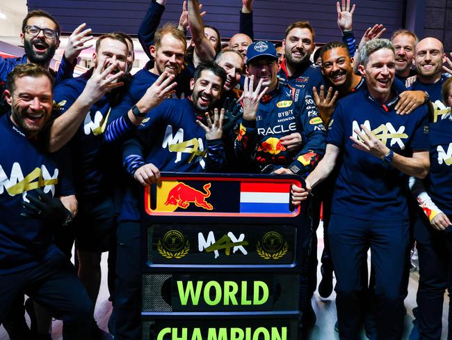 Max Verstappen celebrates his fourth world title with his Red Bull team. Picture: Supplied