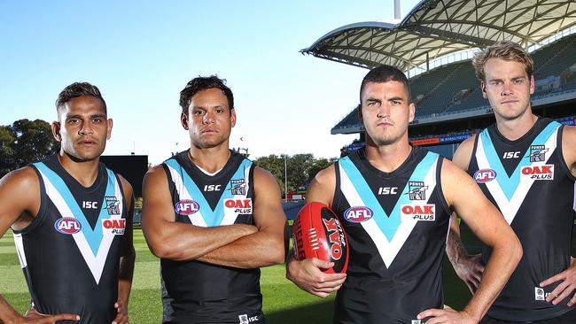 Four of Port Adelaide’s signings from the busy October market Dom Barry, Steven Motlop, Tom Rockliff and Jack Watts. Picture: Sarah Reed