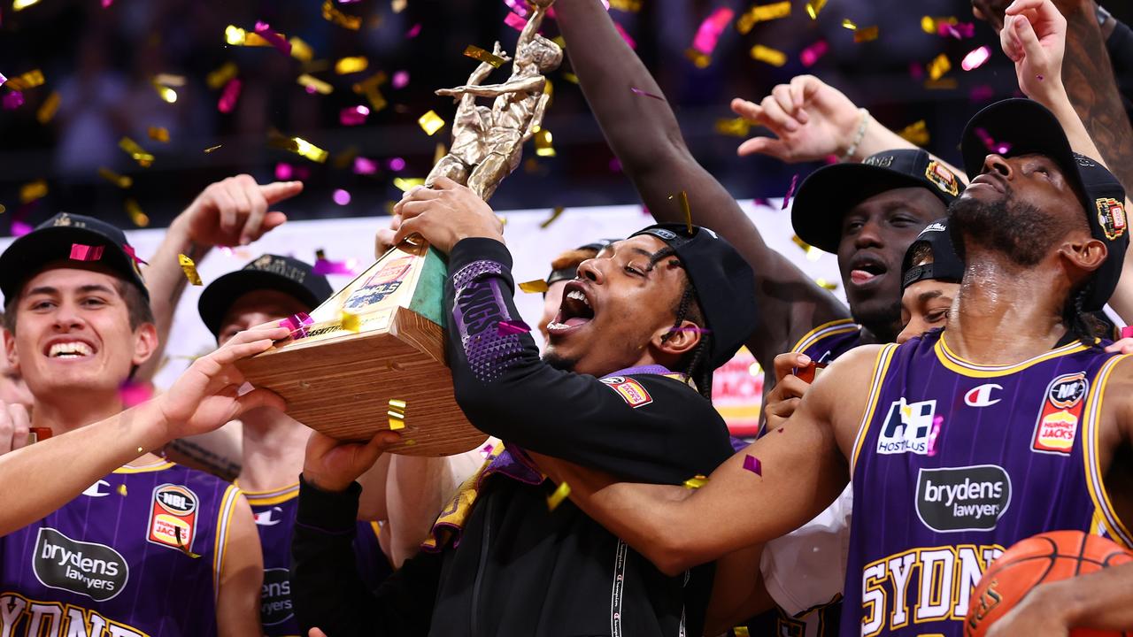 SYDNEY, AUSTRALIA - MAY 11: The Sydney Kings celebrate victory in game three of the NBL Grand Final series between Sydney Kings and Tasmania JackJumpers at Qudos Bank Arena on May 11, 2022 in Sydney, Australia. (Photo by Mark Metcalfe/Getty Images)