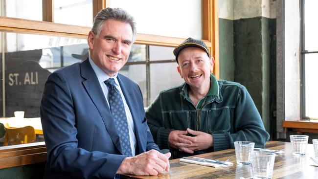 NAB chief executive Ross McEwan with bank customer Salvatore Malatesta, owner of St Ali café South Melbourne. Picture: Supplied