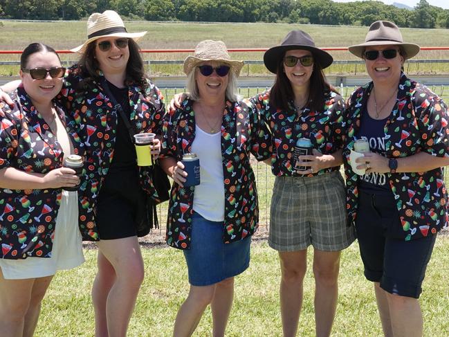 Kacie Pearce, Georgia McEwan, Katrina Stenner, Kathy Corneal and Sheree Lawrie. A great crowd was on hand at the Phillip Hughes Memorial Race Day at Bowraville on December 28, 2022. Picture: Chris Knight