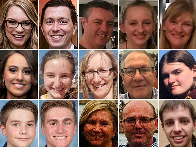 The 15 Aussies identified as dead or missing (top row, from left) Karla Mathews, Richard Elzer; Anthony Langford, Winona Langford, Kristine Langford; (middle, from left) Krystal Browitt, Jessica Richards, Julie Richards; Gavin Dallow; Zoe Hosking; (bottom, from left) Berend Hollander, Matthew Hollander, Barbara Hollander, Martin Hollander; Jason Griffiths. Pictures: Supplied