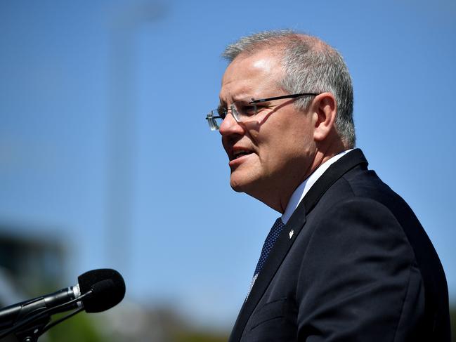 Prime Minister Scott Morrison speaks during a commissioning ceremony for HMAS Brisbane in Sydney, Saturday, October 27, 2018. (AAP Image/Joel Carrett) NO ARCHIVING