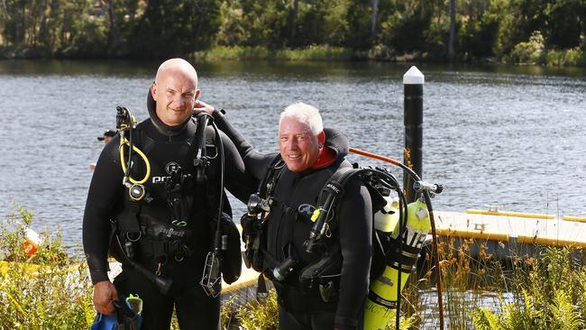 John Butterworth, brother of Lucille Butterworth, right, flew to Tasmania from Queensland to search for the remains of his sister. His friend and master diver, Phil Shepherd (left) assisted in the search. Picture: MATT THOMPSON