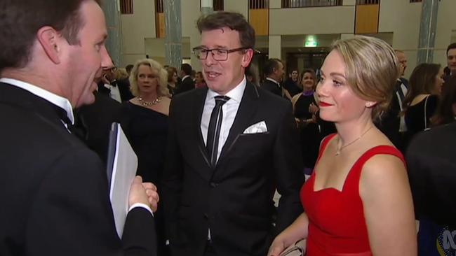 Minister Alan Tudge arrives at the Midwinter Ball in the company of Liberal staffer Rachelle Miller who he was having an affair with. Picture: ABC