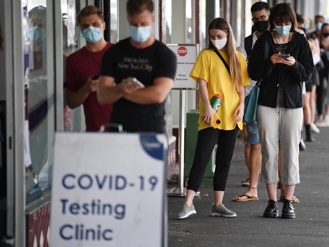 People line up for a Covid test outside a clinic near the Mater Hospital. NCA NewsWire / Dan Peled