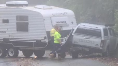 A Queensland man has called for stricter licensing rules after he was delayed for more than an hour by a caravan blockingroad access when its driver lost control of the vehicle. Picture: Yahoo News