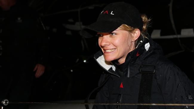 Jessica Watson aboard Perpetual Loyal as it docks at Constitution Dock after finishing second during day 3 of the 2013 Rolex Sydney Hobart Yacht Race. Pic Brett Costello