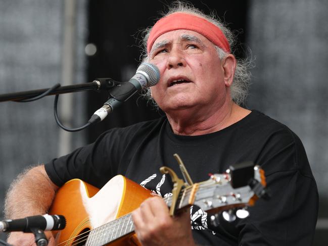 Renowned Aboriginal troubadour, Kev Carmody,  performs at the Yabun festival at Victoria Park, Camperdown. Picture: Craig Wilson