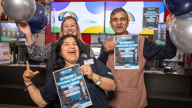 Owners of Lara Lotto Cards and Gifts Meena and Mukesh Misra with staff member Robyn Henry celebrating the sale of a winning $12 million ticket. Picture: Brad Fleet