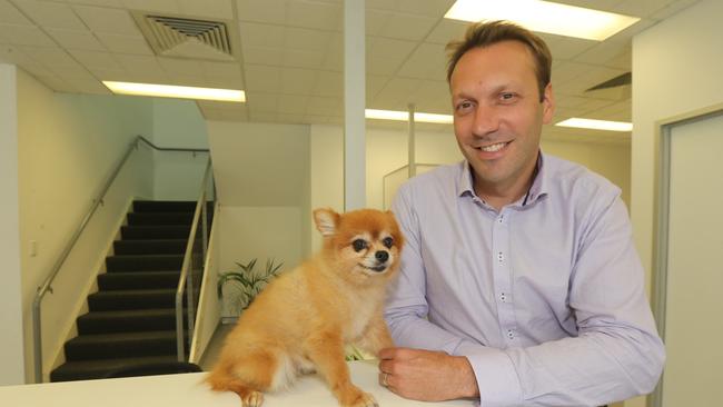 National Veterinary Care managing director Tomas Steenackers with Bear. The company has released a net profit 41 per cent higher than last year. Picture: Mike Batterham