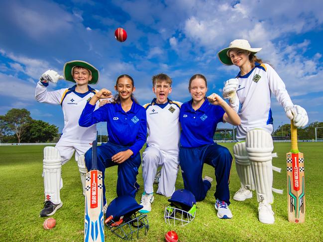 Junior cricketers Joe Tovey, 9, Sara Lalwani, 12, Will McDonald, 14, Mia Ferguson, 15 and Mabel Tovey, 11 from Nathan McSweeney's junior club Northern Suburbs District Cricket Club in Kedron.Picture: Nigel Hallett*************Ros 0404280946 (grandma ********of Joe and Mabel) ***************