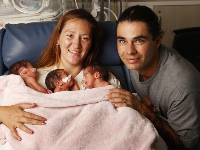 Keely Walsh and Mathew Alves with daughers Niara, Aurora and Moana born at on January 2nd at 32 weeks. Identical triplet sisters born at the Royal Hobart Hospital to parents Keely Walsh and Mathew Alves.  Picture: Nikki Davis-Jones