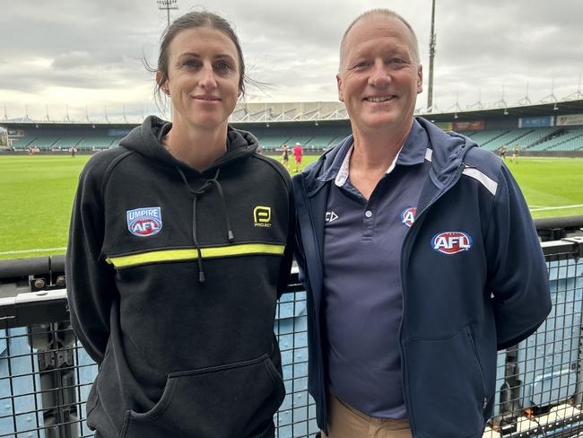 Women and girls umpire liaison - north-west Brooke Kimber and AFL Tasmania umpiring manager Garry Dunne at UTAS Stadium on Saturday. Picture: AFL Tasmania