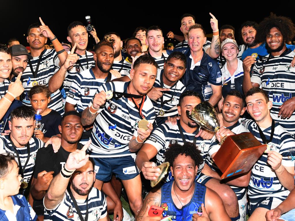 Brothers celebrate their thrilling 2020 NRL NT Grand Final win over Litchfield. Picture: Katrina Bridgeford