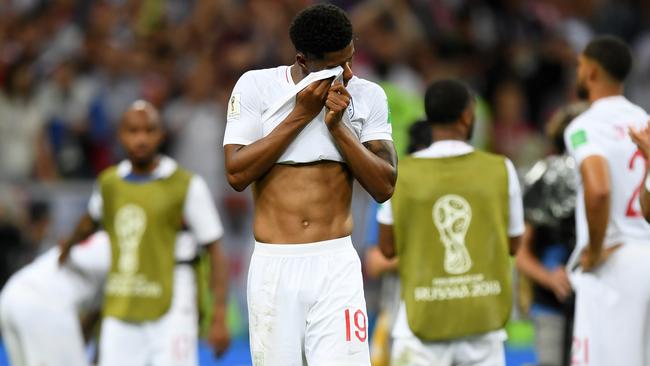 Marcus Rashford sheds a tear after England’s semi-final loss to Croatia in 2018.