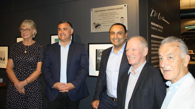 The National Cartoon Gallery @ The Bunker manager Margaret Cameron, Deputy Premier John Barilaro, Member for Coffs Harbour Gurmesh Singh, former Member for Coffs Harbour Andrew Fraser and bunker chairman Paul McKeon at today's official opening.