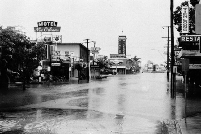 1974 flood in Cavill Avenue, Surfers Paradise. Note the ferry on the Nerang River in the background.
