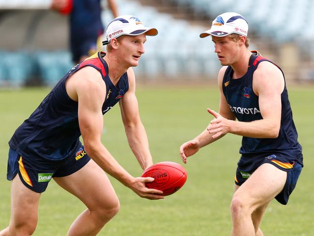 AFL - Crows players return to training at AAMI Stadium. Dean Gore and Harrison Wigg. Photo Sarah Reed.