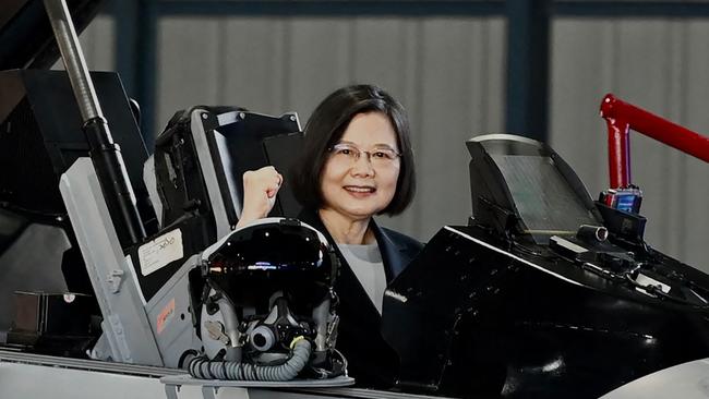 Tsai Ing-wen checks out an upgraded US-made F-16 Viper last week. Picture: AFP