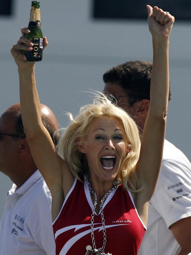 Kirsty Bertarelli celebrates after her husband’s yacht Alinghi won the seventh race in the 2007 America’s Cup.