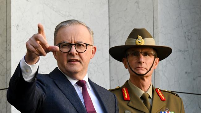 Australian Prime Minister Anthony Albanese and Chief of the Australian Defence Force Angus Campbell speak to the media duing a press conference after the release of the Defence Strategic Review at Parliament House in Canberra, Monday, April 24, 2023.