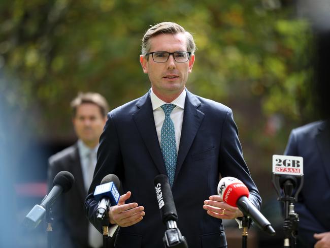 Treasurer Dominic Perrottet speaking at an update on COVID-19 at the NSW Ministry of Health in St Leonards. Picture: Jonathan Ng