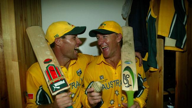 Michael Bevan (L) and Andy Bichel celebrate after steering Autralia to victory against England in the 2003 World Cup.