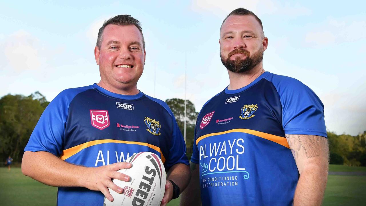 Noosa Pirates A-grade head coach Mick Duff with club president Liam Anlezark. Picture: Patrick Woods.