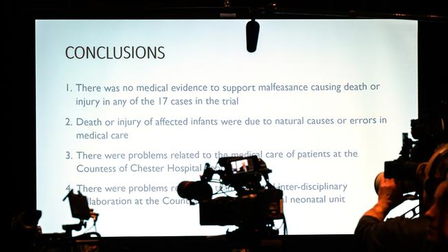 A projection of the conclusions are shown during a press conference to present new evidence regarding the safety of the convictions of the former nurse. Picture: Getty