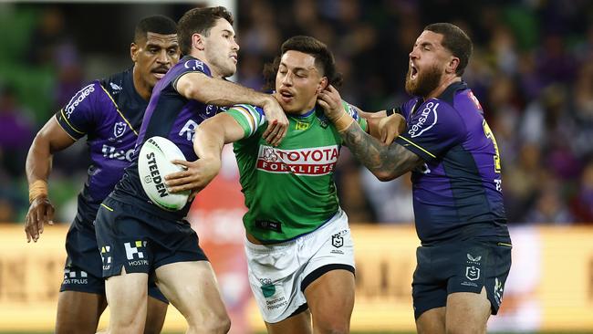 Joseph Tapine was put on report for a high tackle on Storm halfback Jahrome Hughes. Picture: Daniel Pockett/Getty Images