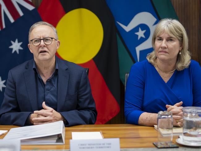 Chief Minister Eva Lawler (R) with Prime Minister Anthony Albanese (centre) and Deputy Prime Minister Richard Marles at Federal Cabinet in Darwin on March 13, 2024.