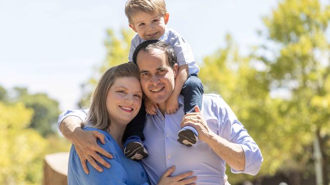Opposition Leader Vincent Tarzia in January with his wife Charissa and son Leonardo, 3, announcing Ms Tarzia is pregnant with their second child. Picture: Kelly Barnes