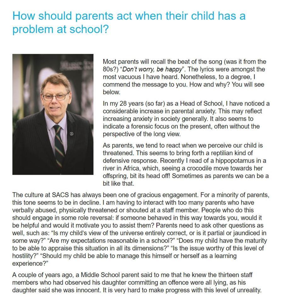 Dr John Collier’s newsletter to parents.