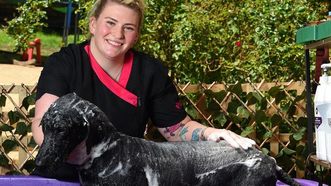 Number 9: Susan Mackenzie of Fur Design Doggy Day Spa with Sammy the labradoodle. Picture: Josie Hayden