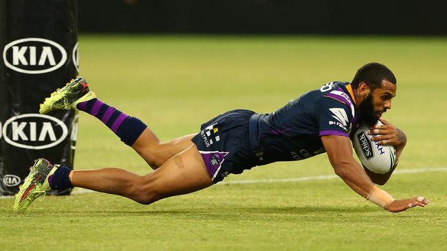 PERTH, AUSTRALIA — MARCH 10: Josh Addo-Carr of the Storm dives for a try during the round one NRL match between the Canterbury Bulldogs and the Melbourne Storm at Optus Stadium on March 10, 2018 in Perth, Australia. (Photo by Paul Kane/Getty Images)