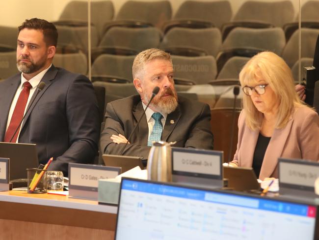 Action in the Gold Coast City Council Chambers for Council budget day 2022. Crs Mark Hammel, William Owen Jones and Donna Gates.   Picture Glenn Hampson