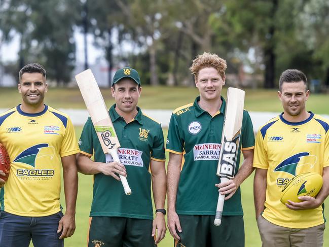 Woodville District Cricket Club and Woodville-West Torrens Football Club will play a community Twenty20 match against each other on January Friday 25. L/R Jared Petrenko,  Harry Nielsen, Tom Andrews, Matthew Goldsworthy.Friday 18th January, 2019. Pic. AAP/ROY VANDERVEGT