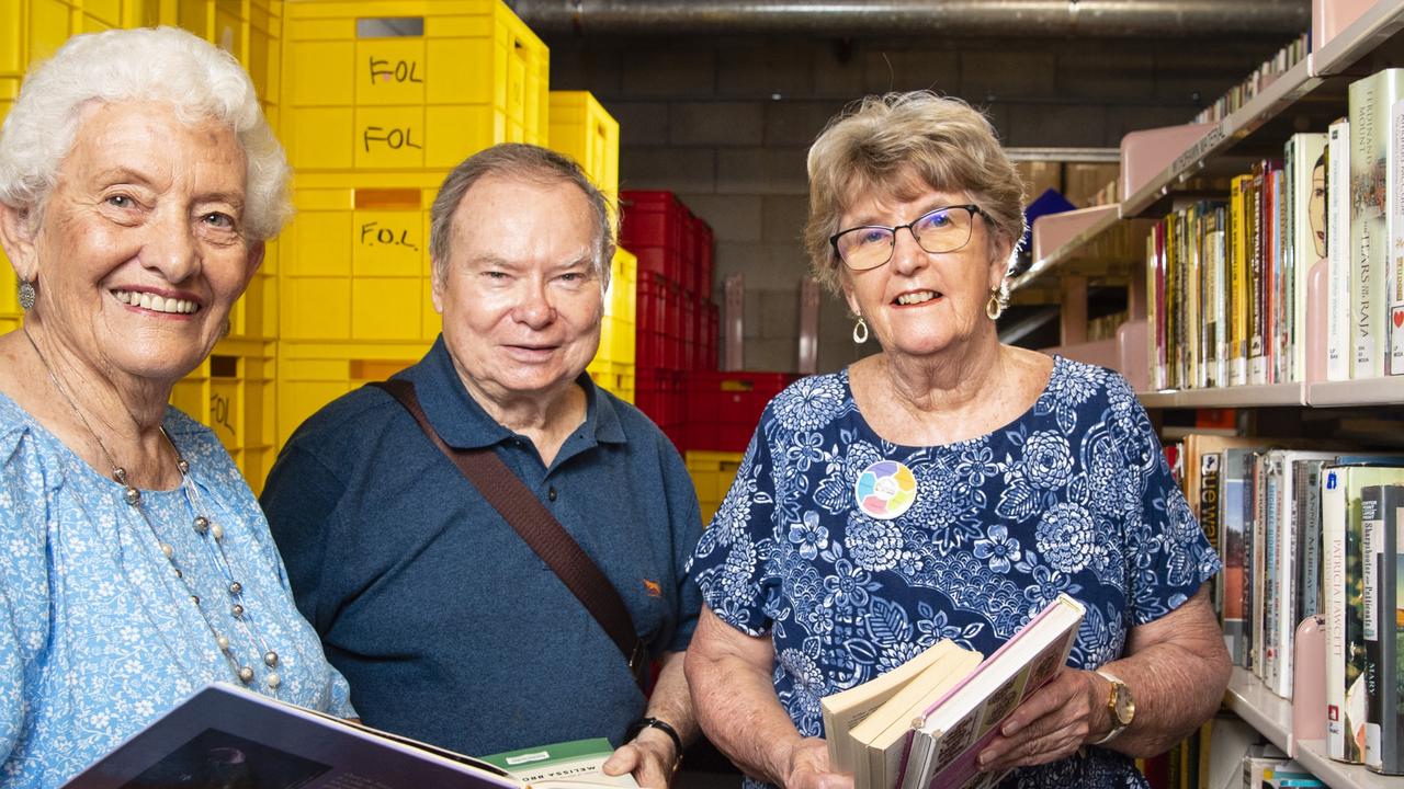 In the former Friends of the Toowoomba City Library engine room are (from left) president Margaret Taylor, treasurer Brian Wilson and secretary Doreen Lemay as the volunteer organisation cease operations after 27 years and $180K in donations, Friday, January 27, 2023. Picture: Kevin Farmer