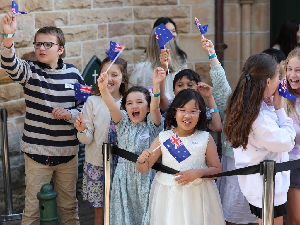 Sunday school children were thrilled by the appearance of Charles and Camilla at their church St Thomas’ Anglican Church in North Sydney. Picture: Rohan Kelly