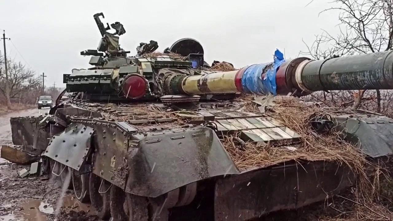 A destroyed Ukrainian army tank in the settlement of Gnutovo outside Mariupol. Picture: Russian Defence Ministry/AFP