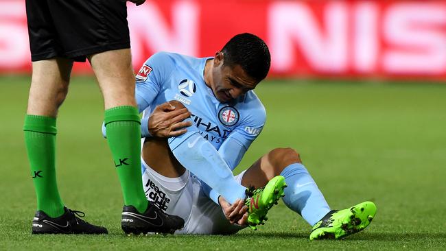 Tim Cahill after he injured his ankle playing for Melbourne City.