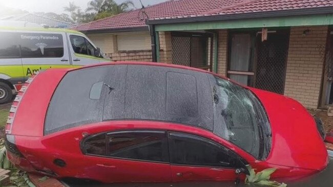 A naked man crashed a car into a pool on Jaguar Dr at Bundall on the Gold Coast. Picture: 7 News