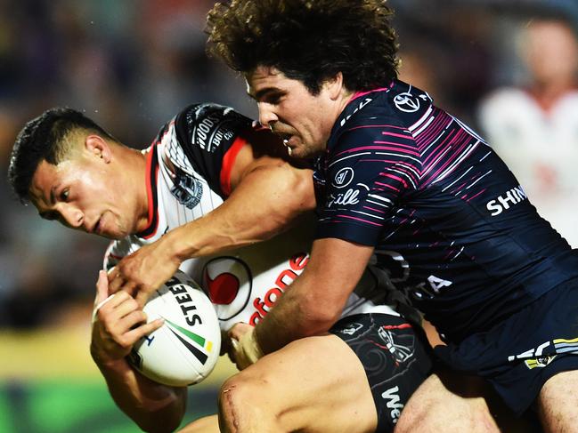 North Queensland Cowboys v New Zealand Warriors from 1300 Smiles Stadium, Townsville.  Cowboys Jake Granville tackles Warriors Roger Tuivasa-Scheck.  Picture: Zak Simmonds