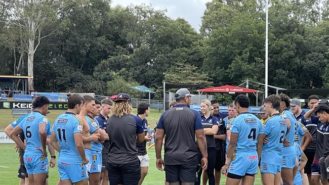 Norths coach Robert Tanielu addresses his team.